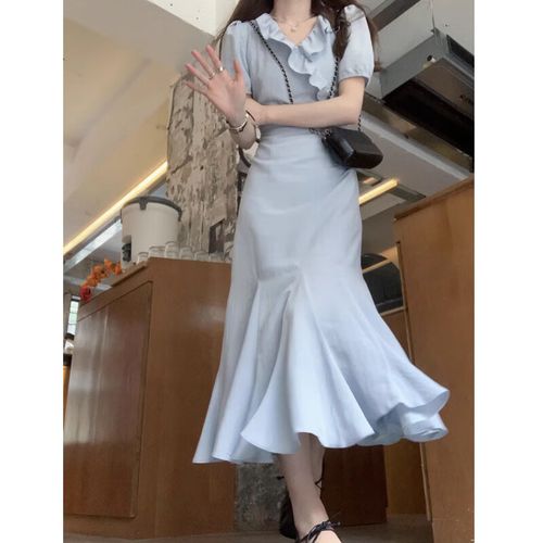 無品牌法式裙子夏季初戀時(shí)尚溫柔短袖連衣裙長裙2023新款女裝衣服批發(fā)